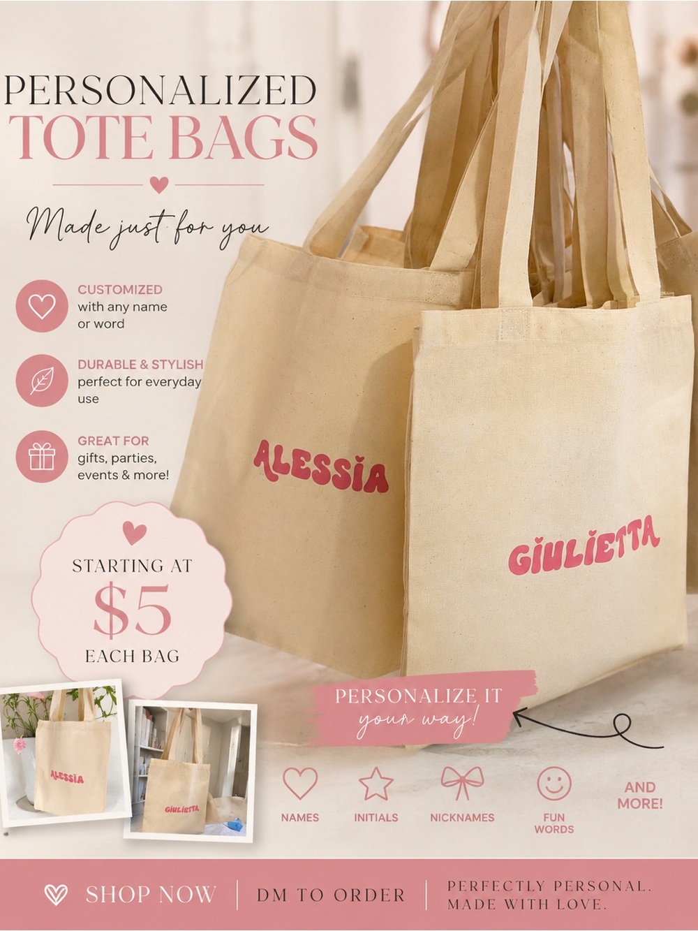 Personalized Canvas Tote Bag - Natural with Pink Name Print